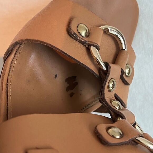 J.Crew Made in Italy Tan Leather Gold Finished Hardware Heel Sandal Size 8 - Picture 8 of 10